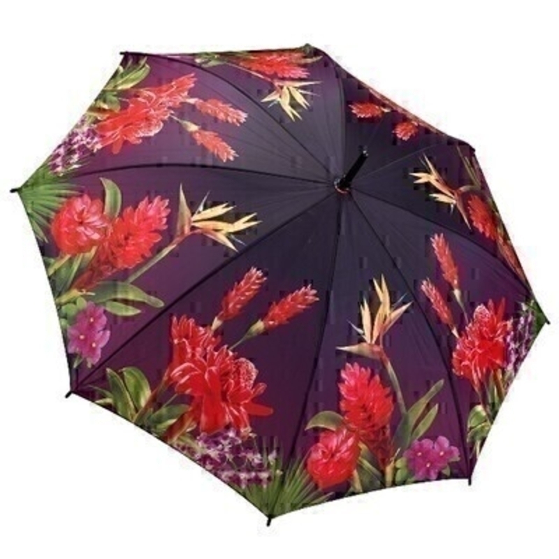 This wonderfully vibrant stick umbrella opens up to be very large providing plenty of coverage from the rain. A stunning  top selling range consisting of beautiful floral designs  with detailing and colours second to none. The illustrated design on the fabric features bright and vibrant tropical flowers covering the entire umbrella which makes it very eye catching! With virtually unbreakable fibreglass ribs it allows for flexibility in windy conditions.
